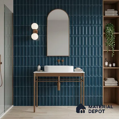 Modern bathroom with deep blue kitkat wall tiles and light wood floor tile