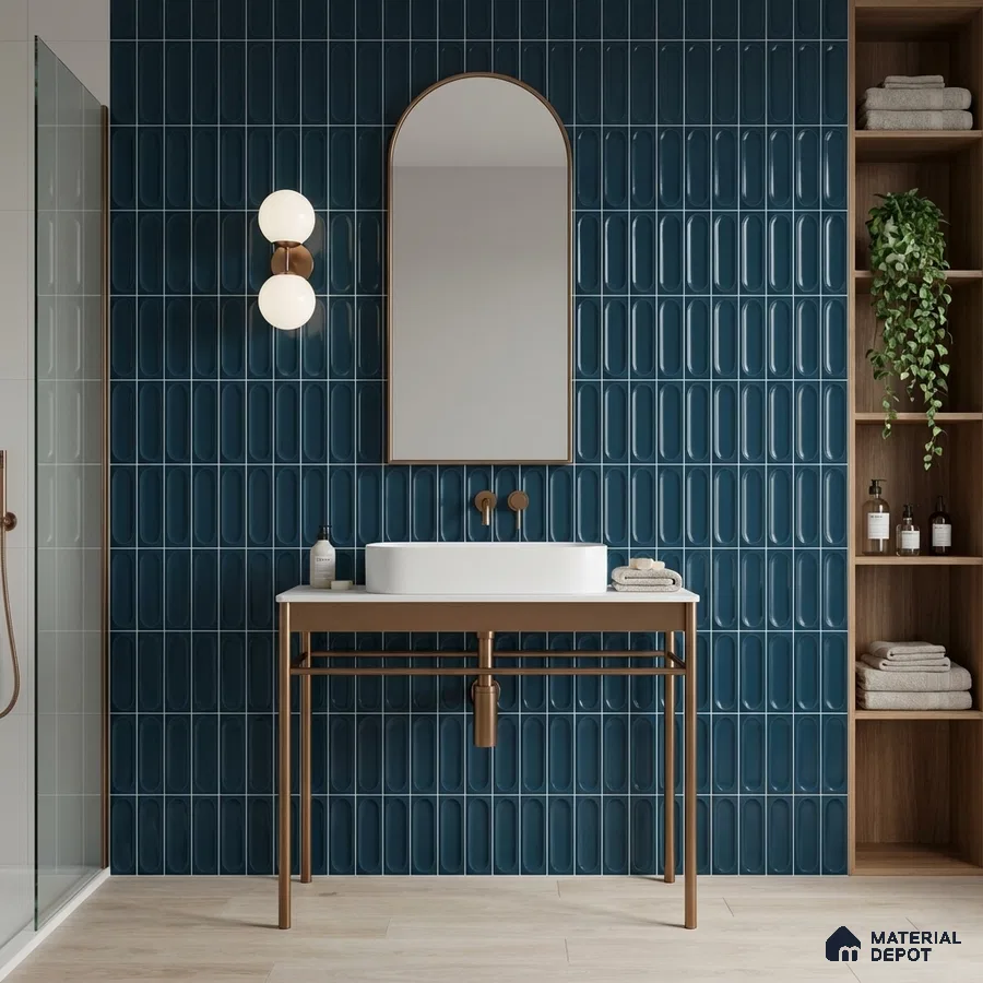 Modern bathroom with deep blue kitkat wall tiles and light wood floor tile