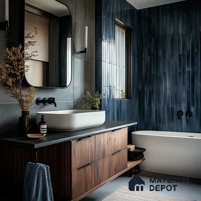 Modern Bathroom with Deep Blue Tiled Wall and Wood Accents | Material Depot