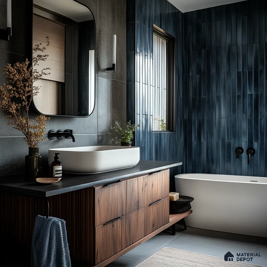 Modern Bathroom with Deep Blue Tiled Wall and Wood Accents | Material Depot
