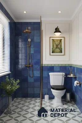 Modern bathroom with deep blue wall tiles and green geometric patterned floor tiles | Material Depot