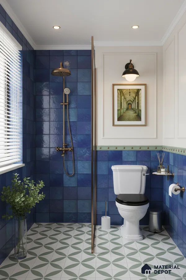 Modern bathroom with deep blue wall tiles and green geometric patterned floor tiles | Material Depot