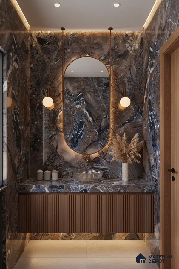 Modern bathroom with dramatic blue-brown marble tiles and fluted wood vanity | Material Depot