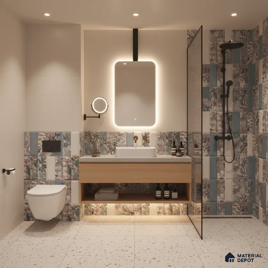 Modern bathroom with floral and blue highlighter wall tiles, terrazzo floor tiles, and floating wood vanity | Material Depot