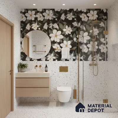 Modern bathroom design with floral highlighter wall tile and terrazzo wall and floor tiles in Bengaluru | Material Depot