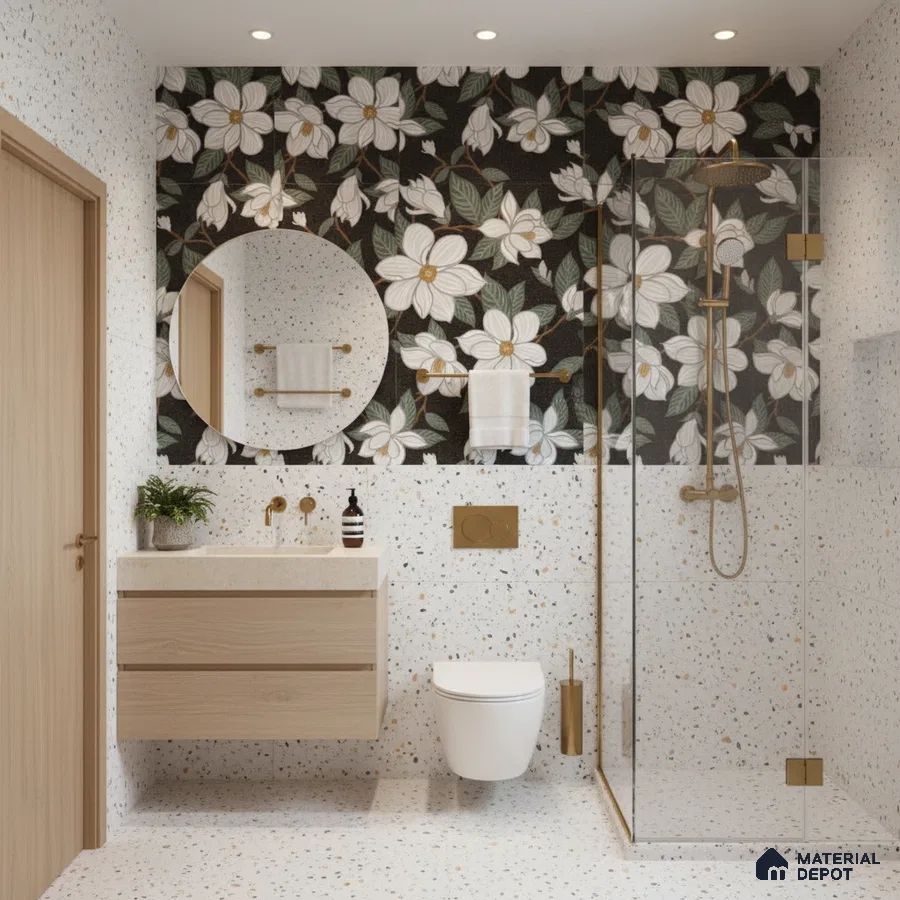 Modern bathroom design with floral highlighter wall tile and terrazzo wall and floor tiles in Bengaluru | Material Depot