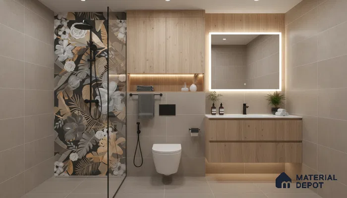 Modern bathroom design with floral highlighter wall tile, beige floor and wall tiles, and light oak wood laminate vanity in Bengaluru | Material Depot