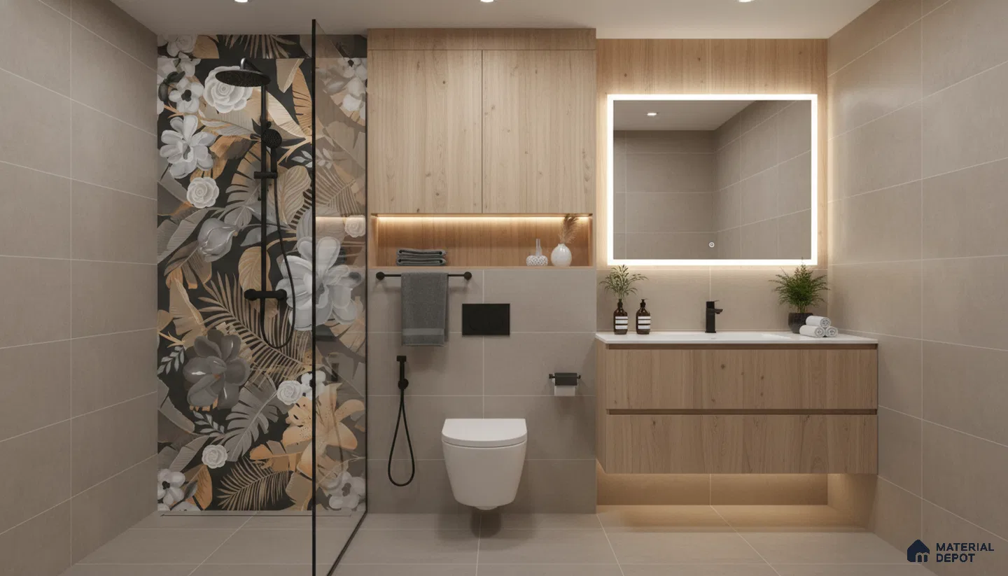 Modern bathroom design with floral highlighter wall tile, beige floor and wall tiles, and light oak wood laminate vanity in Bengaluru | Material Depot
