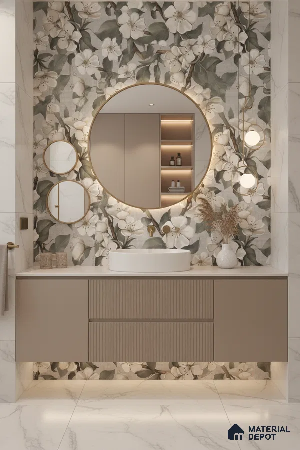 Modern bathroom design with floral highlighter wall tile, beige fluted vanity, and white marble floor tiles in Bengaluru | Material Depot