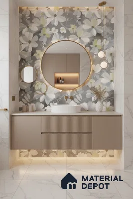 Modern bathroom design with floral highlighter wall tile, beige fluted vanity, and white marble look tiles in Bengaluru | Material Depot