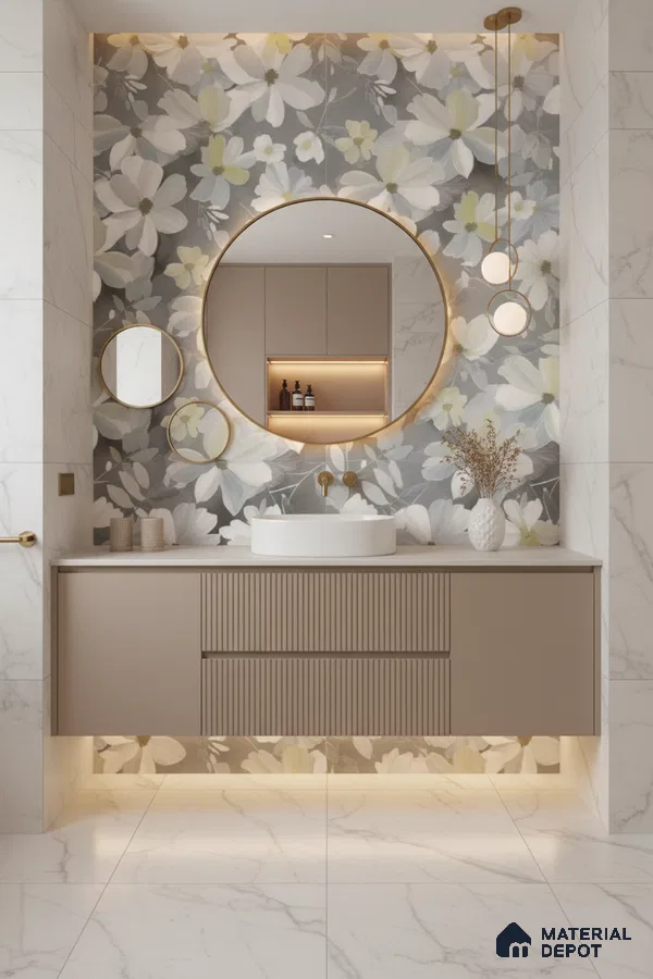 Modern bathroom design with floral highlighter wall tile, beige fluted vanity, and white marble look tiles in Bengaluru | Material Depot
