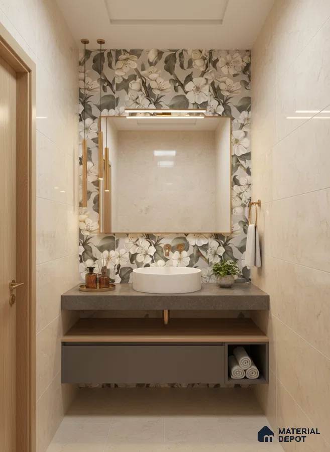 Modern bathroom with floral highlighter wall tile, beige marble wall tiles, and grey stone countertop | Material Depot