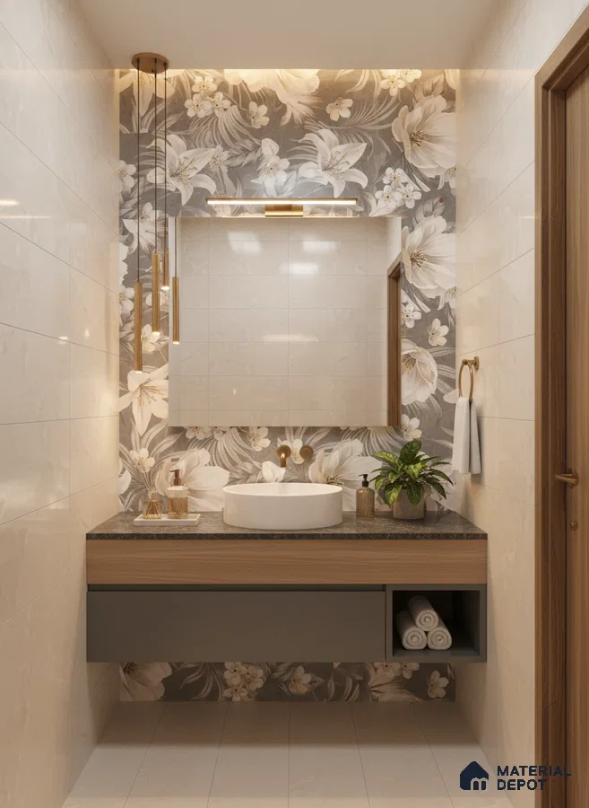 Modern bathroom with floral highlighter wall tile, beige marble wall tiles, and wood finish floating vanity | Material Depot