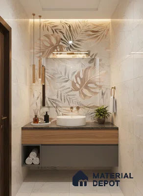 Modern bathroom with floral highlighter wall tile, beige marble wall tiles, and wood finish floating vanity | Material Depot