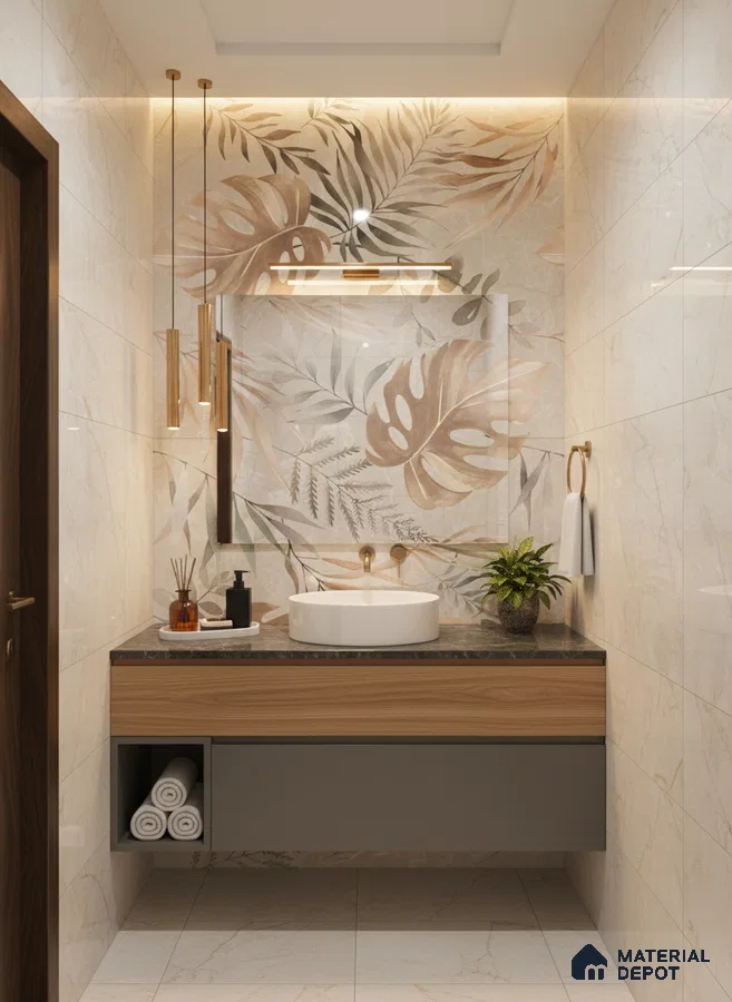 Modern bathroom with floral highlighter wall tile, beige marble wall tiles, and wood finish floating vanity | Material Depot