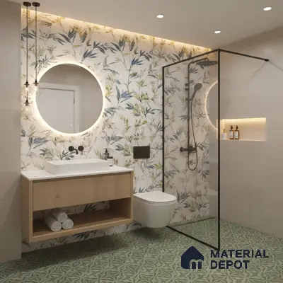Modern bathroom design with floral highlighter wall tile, light oak vanity, and green geometric floor tiles in Bengaluru | Material Depot