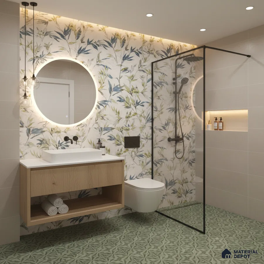 Modern bathroom design with floral highlighter wall tile, light oak vanity, and green geometric floor tiles in Bengaluru | Material Depot