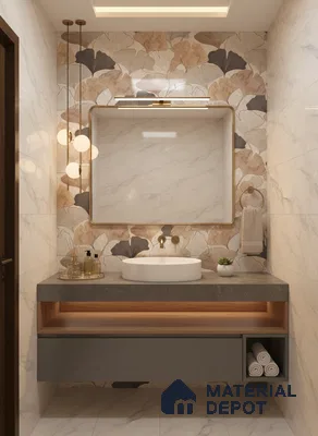 Modern bathroom with floral highlighter wall tile, marble-look wall tiles, and grey stone countertop | Material Depot