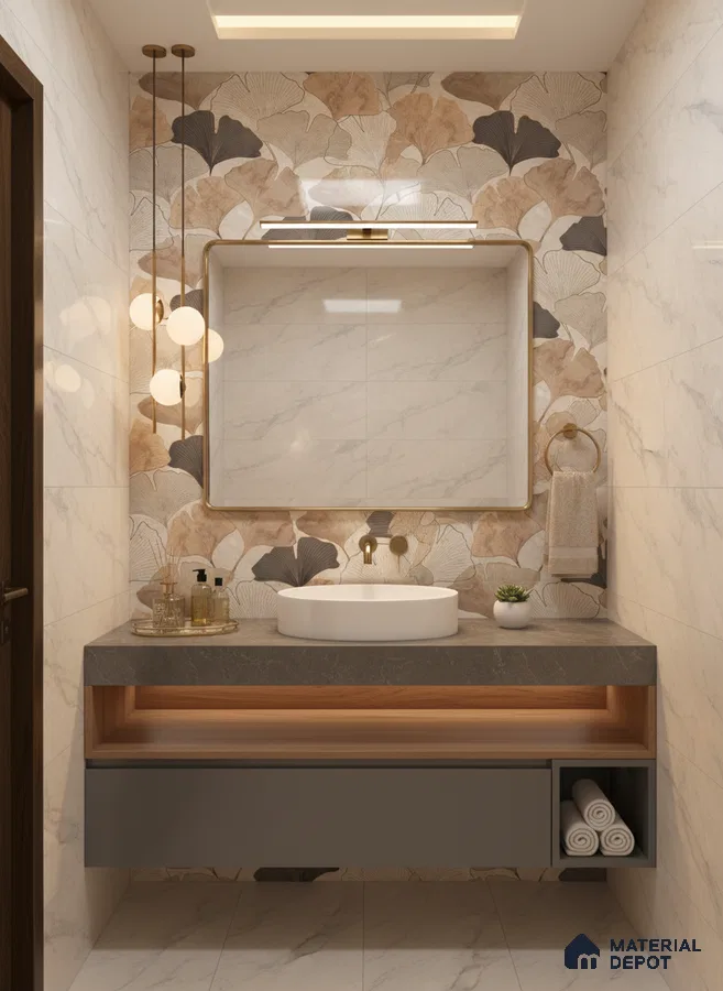 Modern bathroom with floral highlighter wall tile, marble-look wall tiles, and grey stone countertop | Material Depot