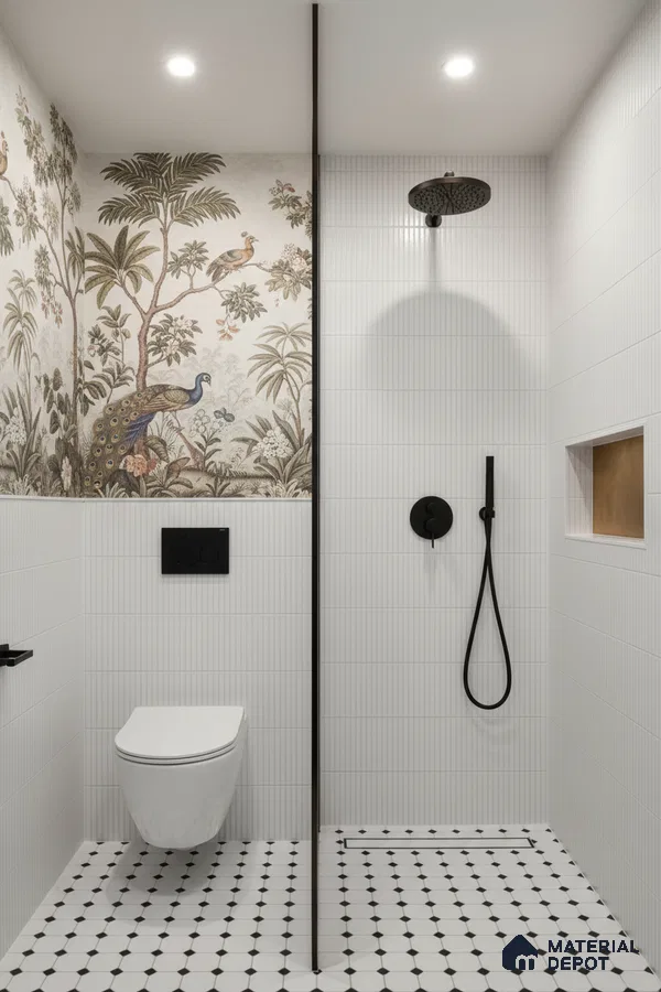 Modern bathroom with floral highlighter wall tile, white ribbed wall tiles, and black-and-white geometric floor tiles | Material Depot