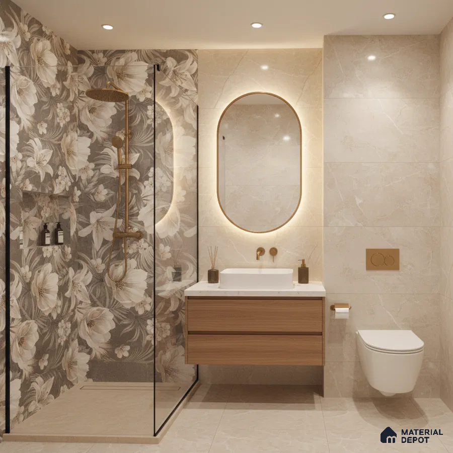 Modern bathroom with floral highlighter wall tiles, beige marble-look tiles, and wood vanity | Material Depot