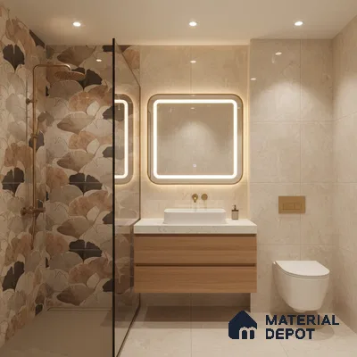 Modern bathroom with floral highlighter wall tiles, beige marble-look tiles, and wood vanity | Material Depot