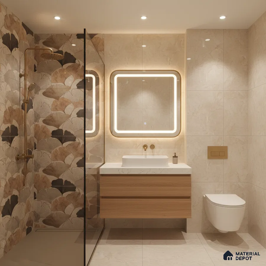 Modern bathroom with floral highlighter wall tiles, beige marble-look tiles, and wood vanity | Material Depot