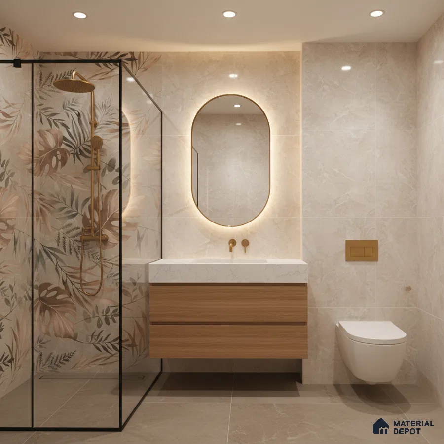 Modern bathroom with floral highlighter wall tiles, beige marble-look tiles, and wood vanity | Material Depot