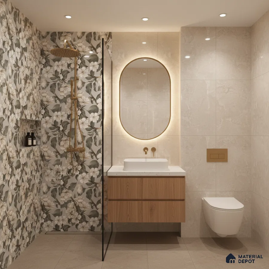Modern bathroom with floral highlighter wall tiles, beige marble-look wall tiles, and wood vanity | Material Depot