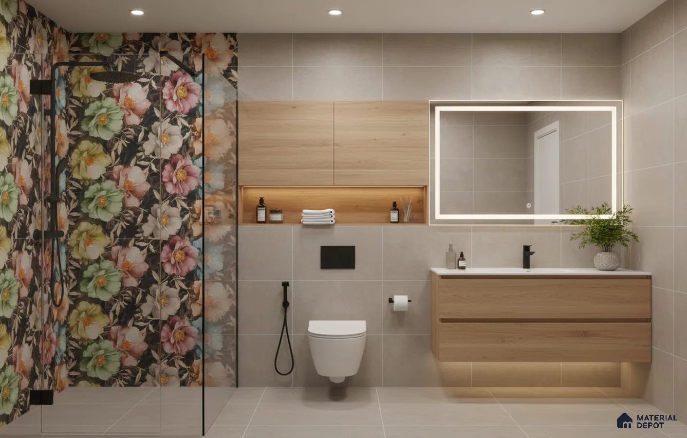 Modern bathroom design with floral highlighter wall tiles, beige stone-look tiles, and light oak wood vanity in Bengaluru | Material Depot