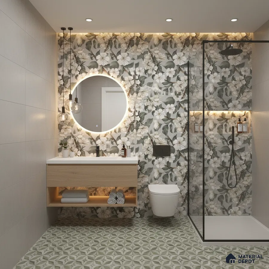 Modern bathroom design with floral highlighter wall tiles, geometric green floor tiles, and light wood floating vanity in Bengaluru | Material Depot