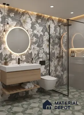 Modern bathroom design with floral highlighter wall tiles, geometric green patterned floor tiles, and wood vanity in Bengaluru | Material Depot