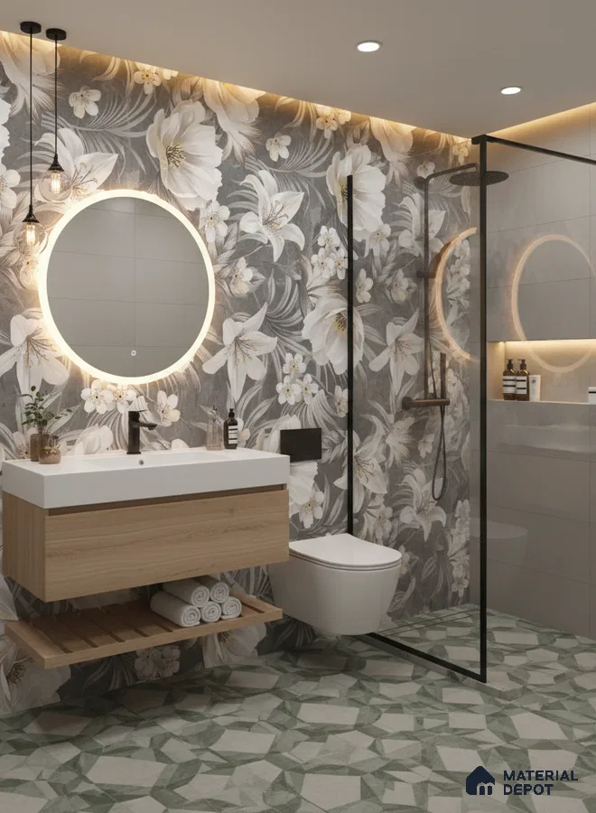 Modern bathroom design with floral highlighter wall tiles, geometric green patterned floor tiles, and wood vanity in Bengaluru | Material Depot