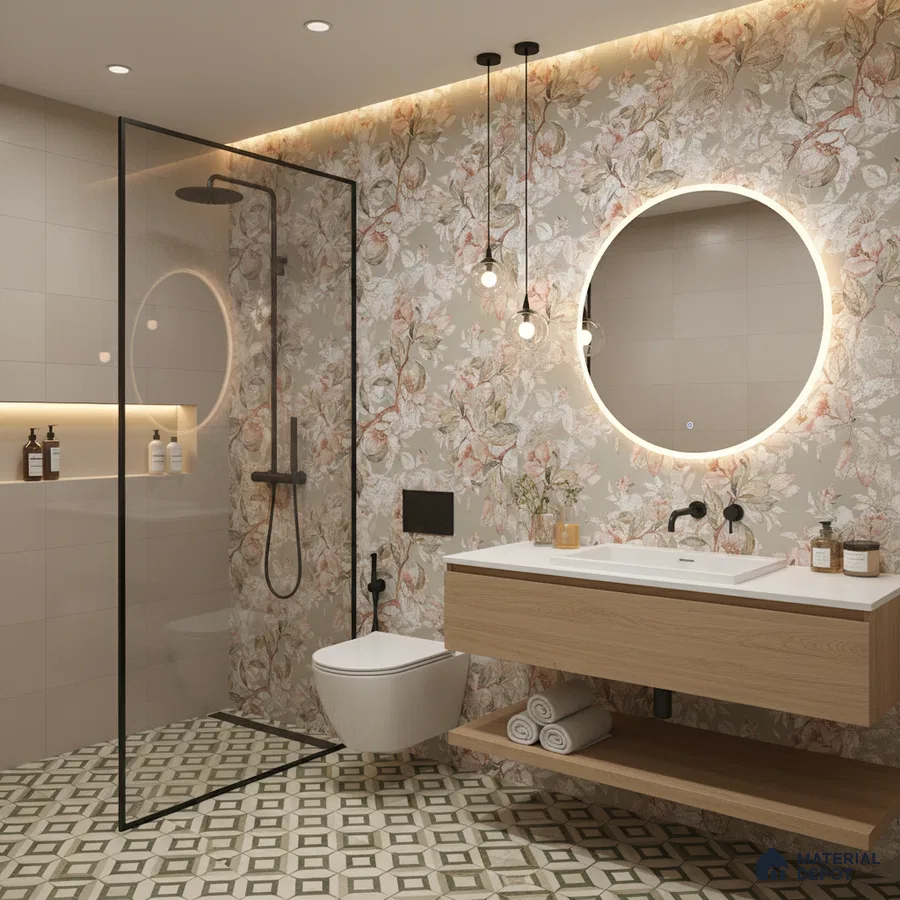Modern bathroom design with floral highlighter wall tiles, geometric patterned floor tiles, and light oak floating vanity in Bengaluru | Material Depot