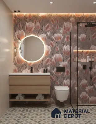 Modern bathroom design with floral highlighter wall tiles, geometric patterned floor tiles, and light wood floating vanity in Bengaluru | Material Depot