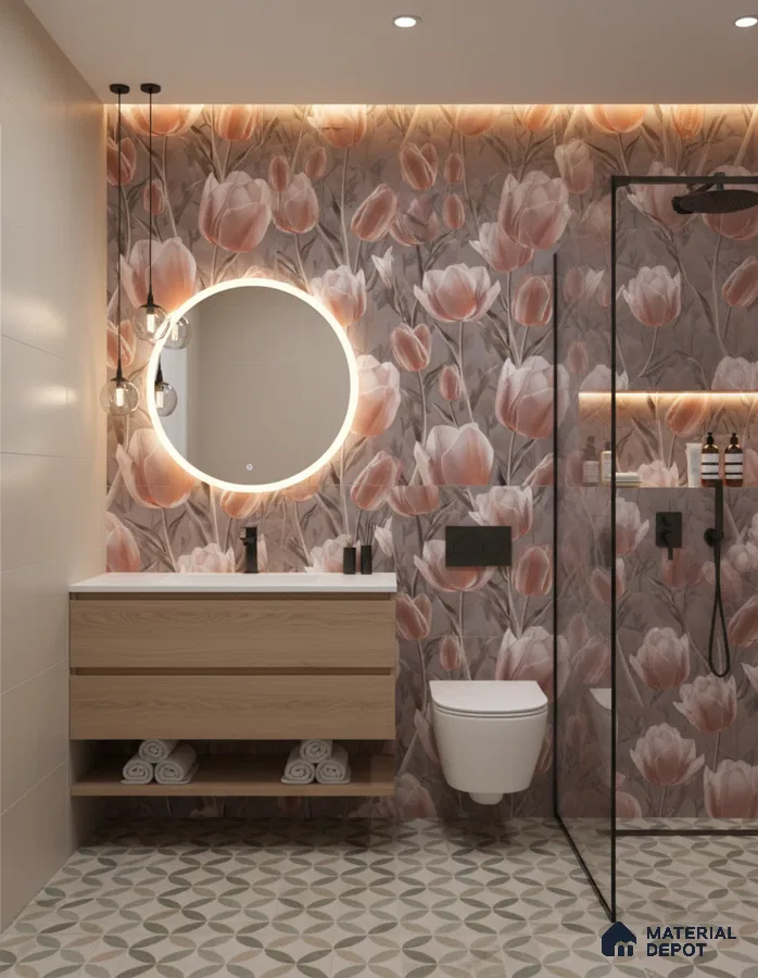 Modern bathroom design with floral highlighter wall tiles, geometric patterned floor tiles, and light wood floating vanity in Bengaluru | Material Depot