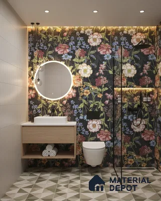 Modern bathroom design with floral highlighter wall tiles, geometric patterned floor tiles, and light wood vanity in Bengaluru | Material Depot