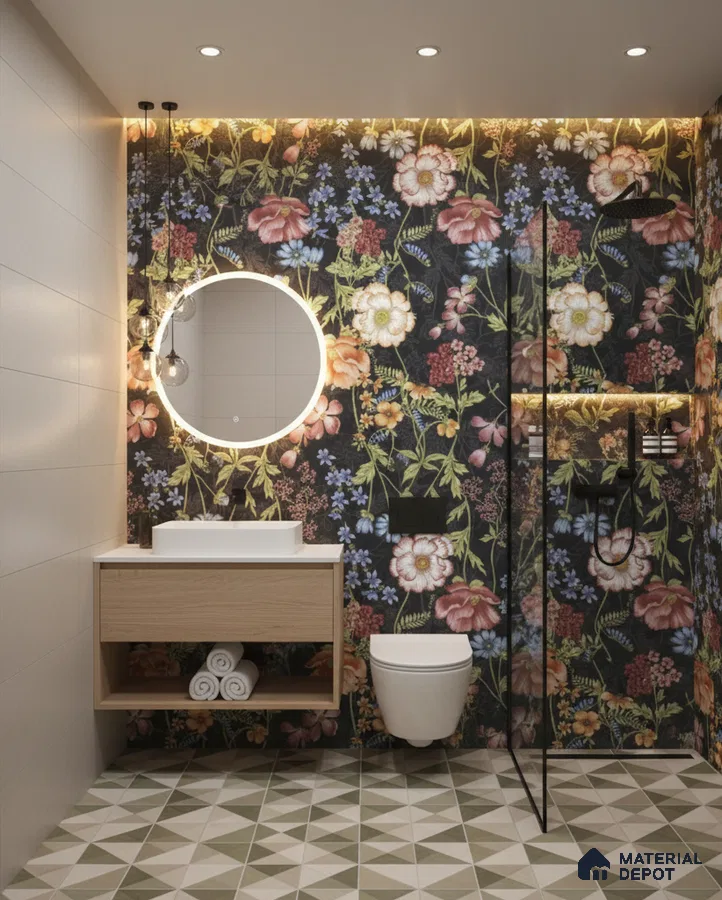 Modern bathroom design with floral highlighter wall tiles, geometric patterned floor tiles, and light wood vanity in Bengaluru | Material Depot