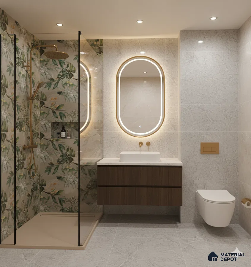 Modern bathroom with floral highlighter wall tiles, grey marble-look tiles, and walnut wood floating vanity | Material Depot