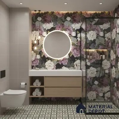 Modern bathroom design with floral highlighter wall tiles, light wood vanity, and geometric patterned floor tiles in Bengaluru | Material Depot
