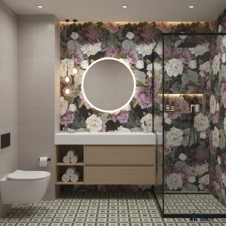 Modern bathroom design with floral highlighter wall tiles, light wood vanity, and geometric patterned floor tiles in Bengaluru | Material Depot