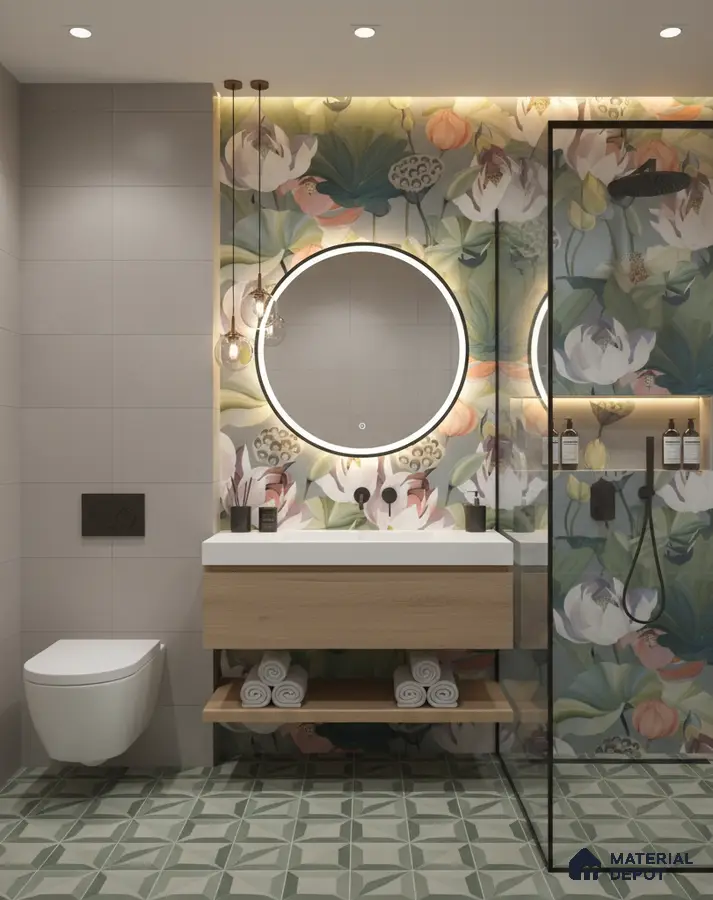 Modern bathroom design with floral highlighter wall tiles, light wood vanity, and green geometric floor tiles in Bengaluru | Material Depot