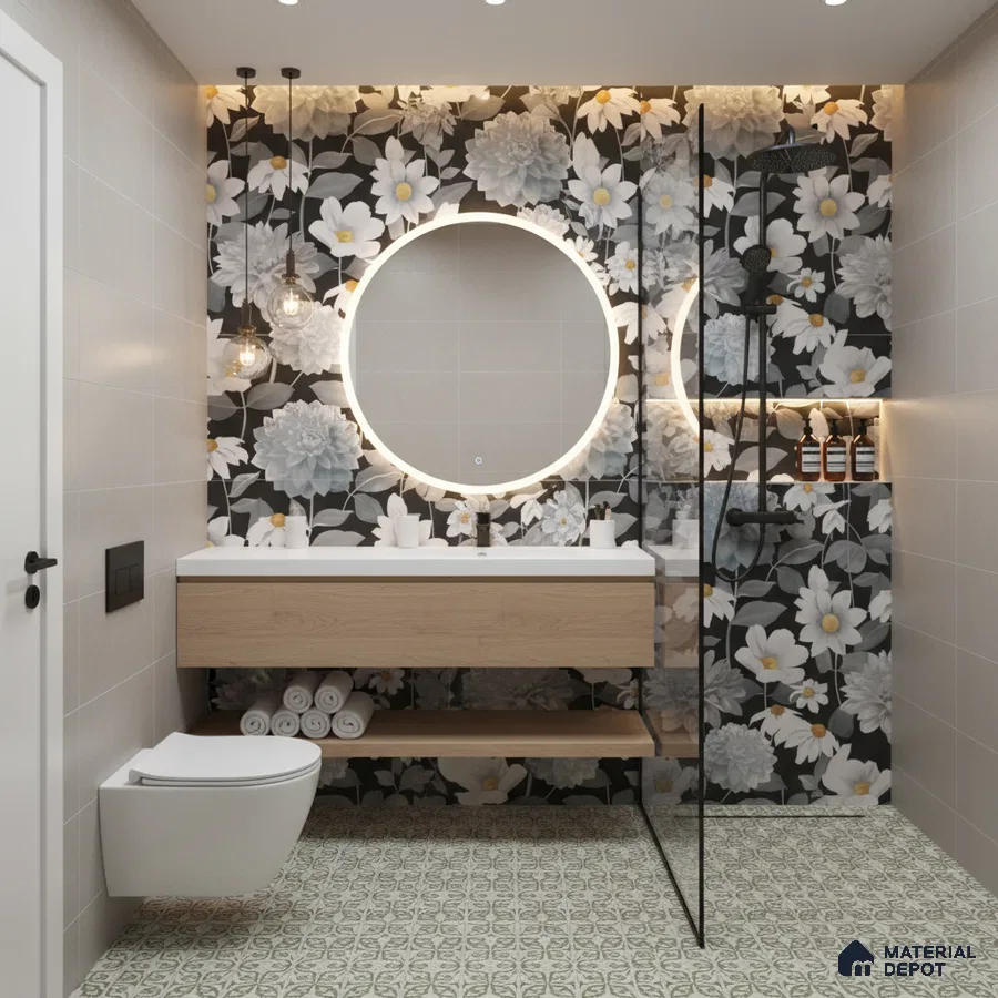 Modern bathroom design with floral highlighter wall tiles, light wood vanity, and patterned green floor tiles in Bengaluru | Material Depot