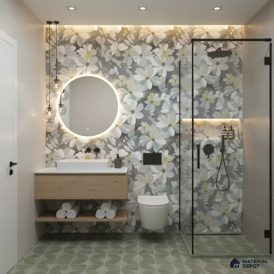 Modern bathroom design with floral highlighter wall tiles, light wood vanity, and sage green geometric floor tiles in Bengaluru | Material Depot