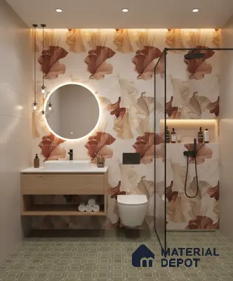 Modern bathroom design with floral highlighter wall tiles, sage green geometric floor tiles, and wood vanity in Bengaluru | Material Depot