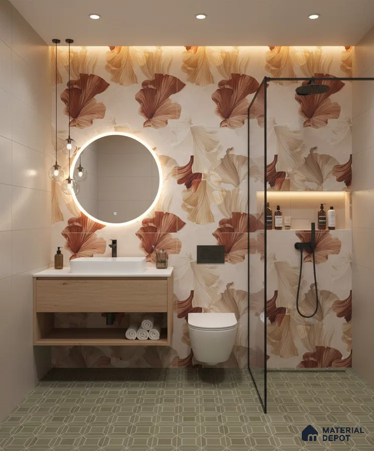 Modern bathroom design with floral highlighter wall tiles, sage green geometric floor tiles, and wood vanity in Bengaluru | Material Depot