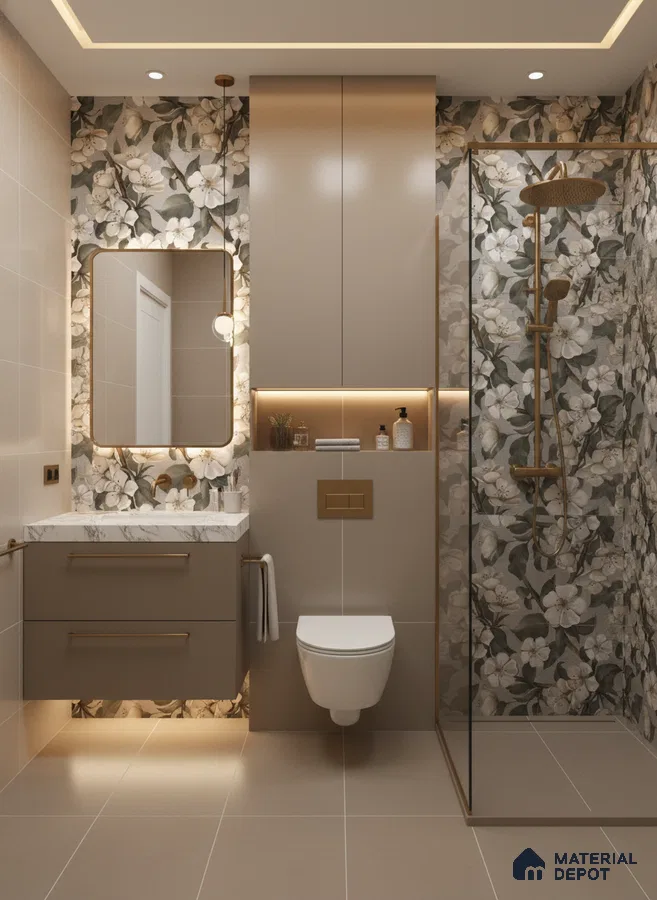 Modern bathroom with floral highlighter wall tiles, taupe matte vanity, and beige floor tiles | Material Depot