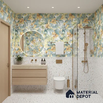 Modern bathroom design with floral highlighter wall tiles, terrazzo wall and floor tiles, and light wood floating vanity in Bengaluru | Material Depot