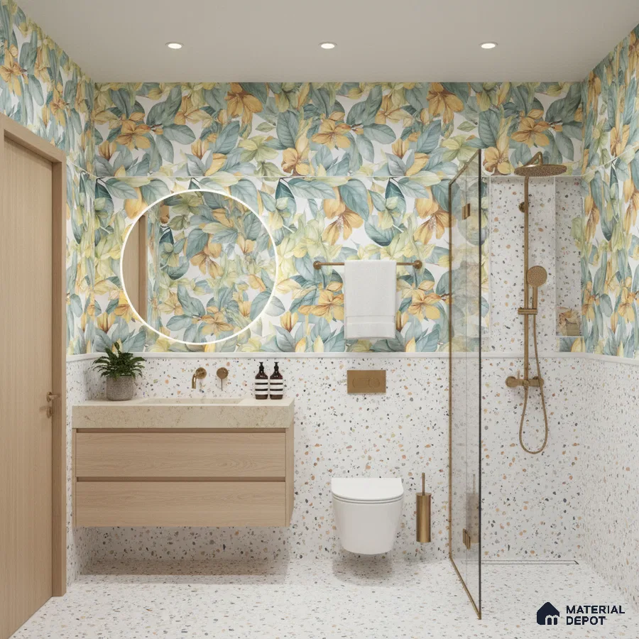 Modern bathroom design with floral highlighter wall tiles, terrazzo wall and floor tiles, and light wood floating vanity in Bengaluru | Material Depot