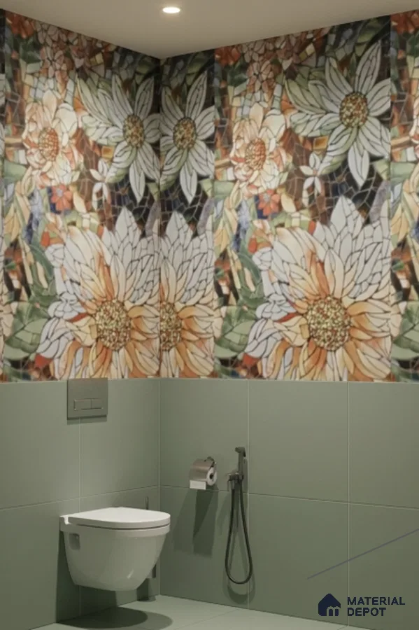Modern bathroom with floral mosaic highlighter wall tile and sage green plain wall tiles